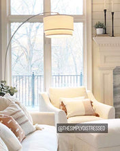 Load image into Gallery viewer, Brightech Mason - Arc Floor Lamp with Unique Hanging Drum Shade for Living Room Matches Your Decor - Arching Over The Couch from Behind, This Standing Pole Light Gets Compliments - Nickel