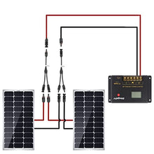 Load image into Gallery viewer, BougeRV 200 Watts Solar Kit, with 2 Pieces of 100W Solar Panels, 1Pair Parallel Solar Connectors, 12AWG 20Ft Solar Extension Cables, 30A PWM Negative Ground Solar Charge Controller, RV Solar Kit