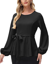 Load image into Gallery viewer, Kate Kasin Self Tie Dressy Work Blouse Tunic Tops Crew Neck Long Sleeve A Line Peplum Shirt Top Black X-Large