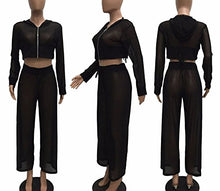 Load image into Gallery viewer, Bluewolfsea Women's Sexy Party Club Mesh See Through Zipper Hoodie Crop Tops and Pants Set Wide Leg Long Pants Jumpsuit Large Black