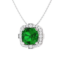 Load image into Gallery viewer, Diamondere Natural and Certified Cushion Cut Emerald and Diamond Halo Necklace in 14k White Gold | 0.79 Carat Pendant with Chain