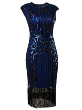 Load image into Gallery viewer, Vijiv 1920s Vintage Inspired Sequin Embellished Fringe Long Gatsby Flapper Dress,Large,Blue