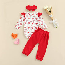 Load image into Gallery viewer, Newborn Baby Girl Valentine's Day Outfits Long Sleeve Ruffle Love Heart Print Romper Bow Pants with Headband Holiday Sets 0-24M (Red, 6-12 Months)