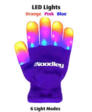 Load image into Gallery viewer, The Noodley Purple Small Toy Light Up Children LED Gloves Girls and Boys Funky Flashing Orange, Pink, and Blue - Kid Sized Ages 4,5,6,7 Year olds (Small, Purple)