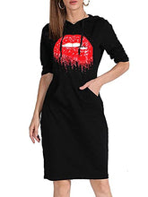 Load image into Gallery viewer, MAGICMK Women Long Sleeve Print Lips Slim Fitted Knee Length Sweatshirt With Pocket Casual Pullover Hoodie Dress (HBLACK+PURPLE, S)