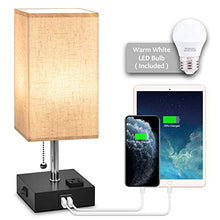 Load image into Gallery viewer, USB Bedside Table Lamp,Hansang Nightstand Lamp with Dual Charging Ports,LED Desk Lamps for Bedrooms,Tetragon Fabric Linen Lamp Shade with Pull Chain,E26 Warm White Light Bulb Included