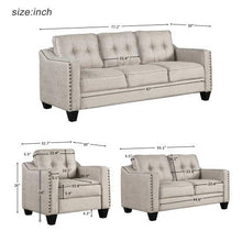 Load image into Gallery viewer, 3 Piece Sectional Sofa Set Couch Sets for Living Room with Sofa Loveseat Armchair, Living Room Furniture Sofa Set with nailhead 3 Seats Loveseat Single Chair Sectional Set 3PCS Living Room Set (Beige)