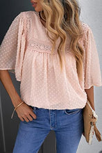 Load image into Gallery viewer, Paitluc Ladies Tops and Blouses Swiss Dot Crewneck Lace Crochet Pom Pom Flowy Short Sleeves Tops Apricot L