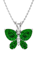 Load image into Gallery viewer, Diamondere Natural and Certified Emerald and Diamond Butterfly Necklace in 14k White Gold | 1.04 Carat Pendant with Chain