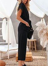 Load image into Gallery viewer, ROSKIKI Women's V-Neck Short Sleeve Button Pocketed Wide Leg Jumpsuits Romper with Belt