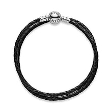Load image into Gallery viewer, PANDORA Jewelry Black Leather Charm Sterling Silver Bracelet, 13.8"