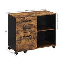 Load image into Gallery viewer, VASAGLE Industrial 3-Drawer File Cabinet, Mobile Lateral Filing Cabinet with Open Compartments, for A4, Letter Sized Documents, Printer Stand, Rustic Brown and Black UOFC041B01