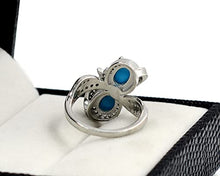 Load image into Gallery viewer, Natural Two Stone 7X5 MM Oval Sleeping Beauty Turquoise Cabochon Gemstone 925 Sterling Silver December Birthstone Solitaire Unisex Proposal Ring Anniversary Gift For Wife (Yellow Gold Rhodium Plated Silver, 8)