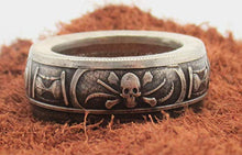 Load image into Gallery viewer, Memento Mori Pirate coin ring made from pure silver coin. Can size 7-16