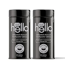 Load image into Gallery viewer, Hello Activated Charcoal Teeth Whitening Eco Friendly Travel Toothpaste Tablets, Fresh Mint and Coconut Oil, Fluoride Free, Vegan, SLS Free, Gluten Free and TSA Compliant, 60 Tablets (Pack of 2)
