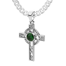 Load image into Gallery viewer, US Jewels Men's 925 Sterling Silver 37.5mm Simulated Emerald Irish Celtic Cross Pendant 4mm Curb Chain Necklace, 26in
