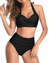 Load image into Gallery viewer, Tempt Me Women's Vintage Swimsuits Olive Green Retro Halter Ruched High Waist Bikini with Bottom L