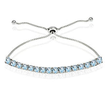 Load image into Gallery viewer, Sterling Silver 3mm Blue Topaz Round-cut Chain Adjustable Pull-String Bolo Slider Tennis Bracelet for Women Teens Girls