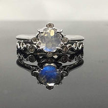 Load image into Gallery viewer, Moonstone Engagement Ring Set - Solid 0.925 Sterling Silver 14K White Rose Yellow Gold Natural Rainbow Moonstone Genuine Diamond Bridal Sets - Vintage Victorian Inspired Engagement Ring Matching Band