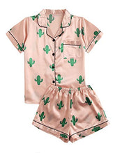 Load image into Gallery viewer, SweatyRocks Women's Short Sleeve Sleepwear Button Down Satin 2 Piece Pajama Set Pink Large