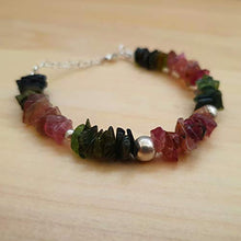Load image into Gallery viewer, Pink Green Black Tourmaline Chips Bracelet Sterling Silver October Birthday Gift for women