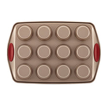 Load image into Gallery viewer, Rachael Ray 52410 Cucina Nonstick Bakeware Set with Baking Pans, Baking Sheets, Cookie Sheets, Cake Pan, Muffin Pan and Bread Pan - 10 Piece, Latte Brown with Cranberry Red Grip