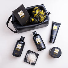 Load image into Gallery viewer, YARD HOUSE Bath and Body Spa Gifts Baskets Set for Men - Sandalwood & Amber – 7Pcs Men’s Spa Kit with Body wash, Bubble bath, Bath Salt, Body Lotion, Body Scrub, Loofah and Leather Toiletry Bag