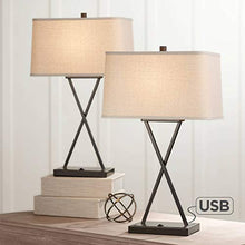 Load image into Gallery viewer, Megan Modern Table Lamps Set of 2 with Hotel Style USB Charging Port LED Bronze Metal Rectangular Fabric Shade for Living Room Bedroom - Franklin Iron Works