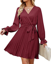 Load image into Gallery viewer, ZESICA Women's Sevy V Neck Long Sleeve Pleated A Line Wedding Cocktail Party Mini Dress with Belt,Wine,Small