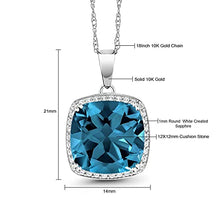 Load image into Gallery viewer, Gem Stone King 10K White Gold London Blue Topaz and White Created Sapphire Pendant Necklace For Women (8.54 Cttw Cushion Cut with 18 Inch Chain)
