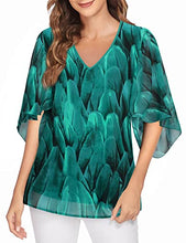 Load image into Gallery viewer, Furnex Womens Chiffon Blouses Work Casual 3/4 Sleeve V Neck Shirt Double Layer Summer Tops for Women Peacock Blue L