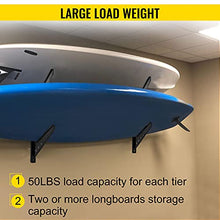 Load image into Gallery viewer, VEVOR Surfboard Rack, 2 Tiers Wakeboard Rack, 50lbs Capacity Surfboard Rack for Wall, Surfboard Wall Mount Holds 2 Boards, Adjustable Surfboard Wall Rack w/Steel Structure, Horizontal Surfboard Stand