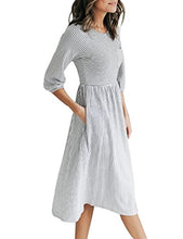 Load image into Gallery viewer, MEROKEETY Women's 3/4 Balloon Sleeve Striped High Waist T Shirt Midi Dress with Pockets