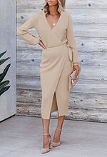 Load image into Gallery viewer, Cutiefox Womens V Neck Bodycon Sweater Dress Tie Waist Long Sleeve Slit Wrap Rib Knit Dresses Khaki L