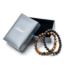 Load image into Gallery viewer, Long Way 2 pcs Black Matte Agate & Tiger Eye Gem Beads 8mm Double Matching Distance Bracelets 7.5" Z & 7.9"