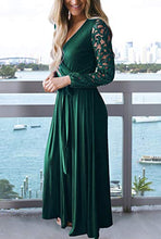 Load image into Gallery viewer, Zattcas Women Fall Casual Wrap V Neck Vintage Floral Lace Long Sleeve Maxi Dress Dark Green Small