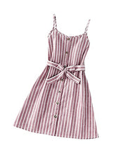 Load image into Gallery viewer, Romwe Girl's Cute Striped Spaghetti Strap Button Front Belted Summer Cami Dress Dusty Pink 150