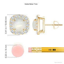 Load image into Gallery viewer, June Birthstone - Claw-Set Moonstone and Diamond Cushion Halo Stud Earrings in 14K Yellow Gold (7mm Moonstone)