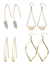 Load image into Gallery viewer, Hanpabum 4 Pairs Curved Threader Dangle Earrings for Women Girls Drop Hoop Bar Arrow Statement Earrings Set (Gold tone)