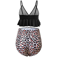 Load image into Gallery viewer, Bhome Maternity Two Pieces Bikini Set High Waisted Swimsuit Ruffle Swimwear Summer Black with Leopard L