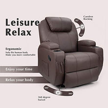 Load image into Gallery viewer, JUMMICO Recliner Chair Massage and Heating Living Room Chair, Rocking and 360° Swivel Home Leather Sofa with 2 Cup Holders and Side Pockets (Brown)