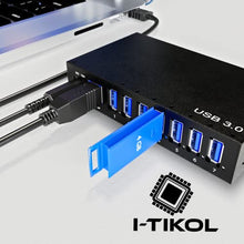 Load image into Gallery viewer, USB 3.0 Hub - 7 Port Powered USB Hub Splitter - High-Speed Data Transfer - Aluminium Alloy USB Hub with 12V/3A/36W Power Adapter, LEDs and Mounting Brackets - Black