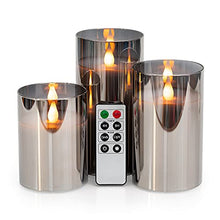 Load image into Gallery viewer, WYZworks Silver Gray Metallic LED Tinted Glass Mirrored Flickering Flameless Pillar Candles, Set of 3 w/Remote Control, Timer, Realistic Flicker/Static Mode, Battery Operated, Adjustable Brightness