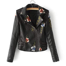 Load image into Gallery viewer, Ultramall Leather Jacket Women Casual Long Sleeve Embroidered Studded Zipper Slim Black Motorcycle Jacket Short Coat