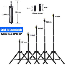 Load image into Gallery viewer, Selfie Stick Tripod, 62 inch Ultra-Long Extendable Selfie Stick Tripod Stand Aluminum Alloy with Bluetooth Remote for iPhone 11 Pro XS MAX X XR SE 8 7 Plus, Samsung Galaxy S20 S10 S9 S8 Plus Android