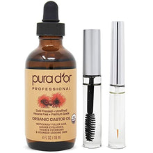 Load image into Gallery viewer, PURA D’OR Organic Castor Oil (4oz) 100% Pure Natural USDA Organic: Conceal Thin, Reveal Fuller Eyebrows, Thicker Eyelashes, Hair Growth: Cold Pressed Hexane Free-Moisturize Dry Skin w/Bonus Brush Kit