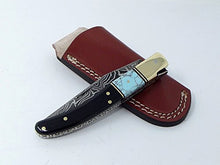 Load image into Gallery viewer, Damascus Knives Laguiole Style Pocket Knife Ram Horn & Turquoise Handle With Leather Sheath Made in Ancient Persian Indus Valley