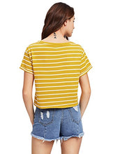 Load image into Gallery viewer, ROMWE Women's Knot Front Long Sleeve Striped Crop Top Tee T-shirt, Yellow & White, Small / US 0-2