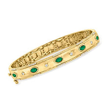 Load image into Gallery viewer, Ross-Simons 0.80 ct. t.w. Emerald and .26 ct. t.w. Diamond Bangle Bracelet in 18kt Gold Over Sterling. 8 inches