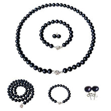 Load image into Gallery viewer, ROUND Black Strand Pearl Necklace Bracelet Stud Earrings 3pc set 18 Inch Princess Length Genuine Cultured Freshwater 7mm 8mm PEARL ROMANCE